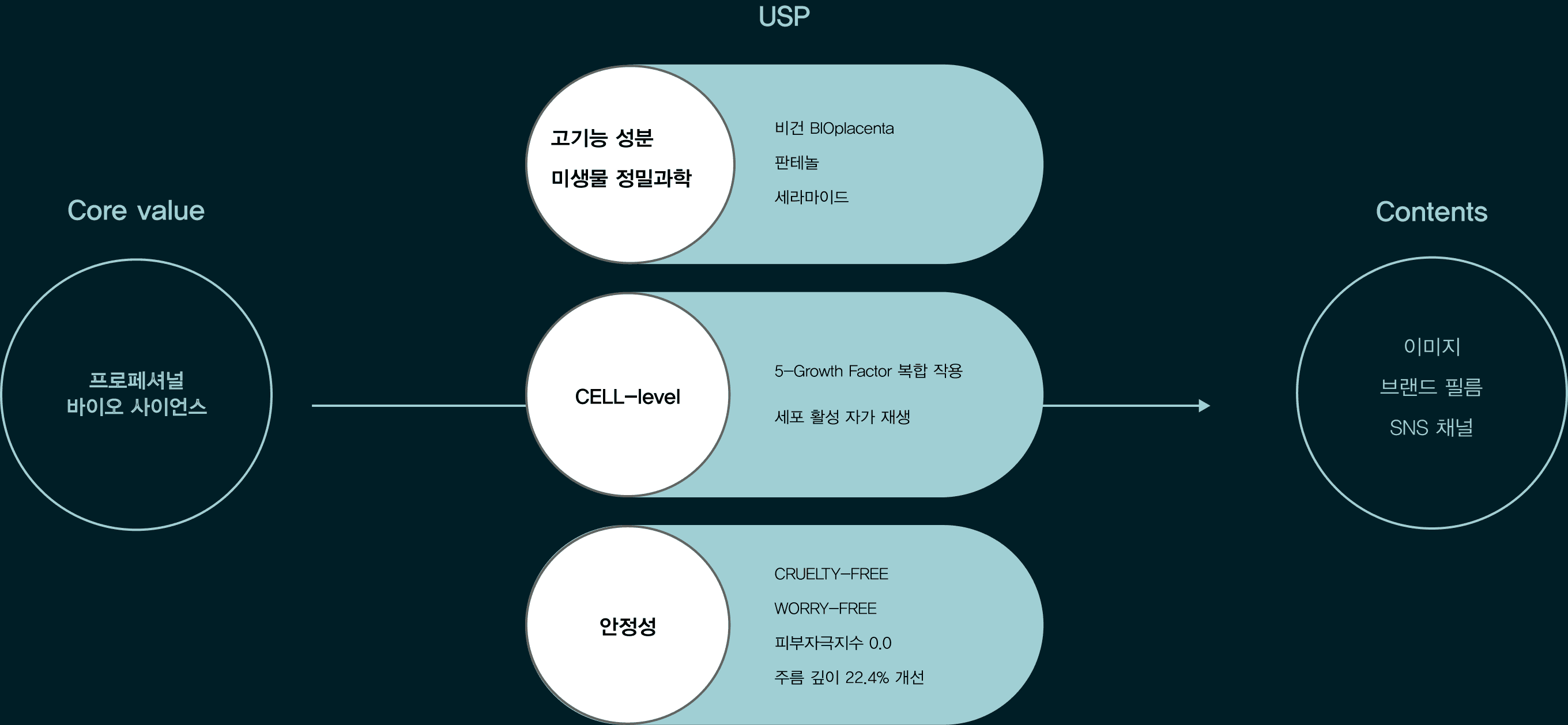 Core value 프로페셔널 바이오 사이언스 → USP: 고기능 성분·미생물 정밀과학(비건 BIOplacenta, 판테놀, 세라마이드), CELL-level(5-Growth Factor 복합 작용, 세포 활성 자가 재생), 안정성(CRUELTY-FREE, WORRY-FREE, 피부자극지수 0.0, 주름 깊이 22.4% 개선) → Contents: 이미지, 브랜드 필름, SNS 채널